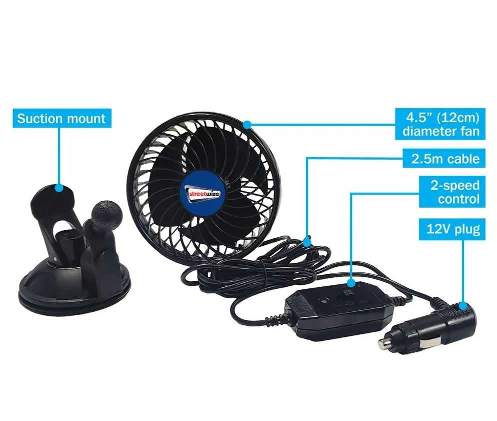 Streetwize, 12v Cyclone 3 Single Oscillating Power Fan with Sucker