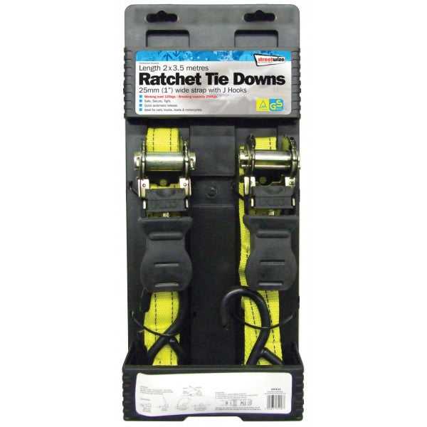 Streetwize, 2 X 25mm-3.5M H/Duty Ratchet Tie Downs