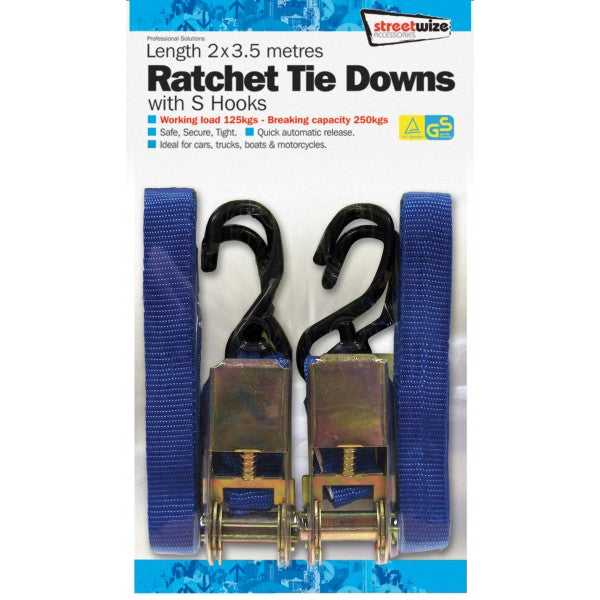 Streetwize, 2 X 3.5 Metre Ratchet Tie Down S Hooks