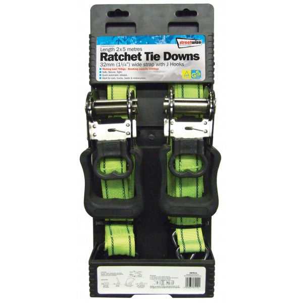 Streetwize, 2 X 5M Ratchet Tie Downs Rubber Handles