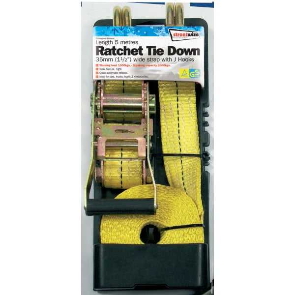 Streetwize, 5M H/Duty Ratchet Tie Down With J Hooks